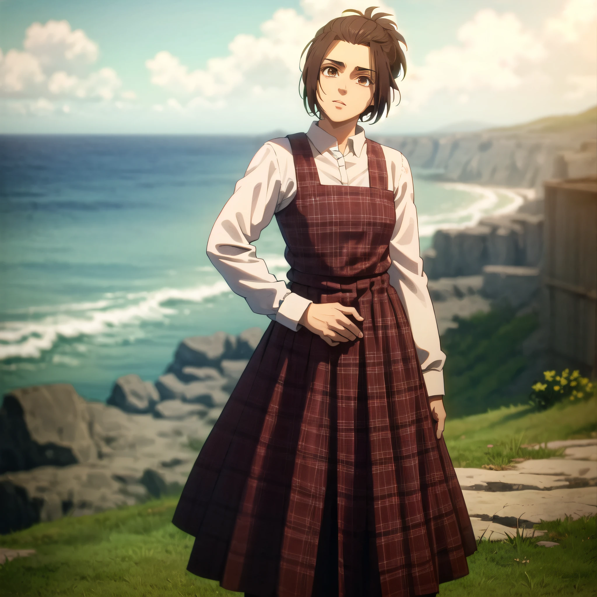 (cowboy shot), sfw,  (masterpiece), (best quality:1.0), (ultra highres:1.0), detailed eyes
BREAK
<lora:GabiAOT:0.7> GabiAOT, looking at viewer, 1girl, brown eyes
plaid dress, (purple) dress, pinafore dress, white shirt, long sleeves, collared shirt
BREAK
(grassland, valley, overlook ocean, gorgeous view)