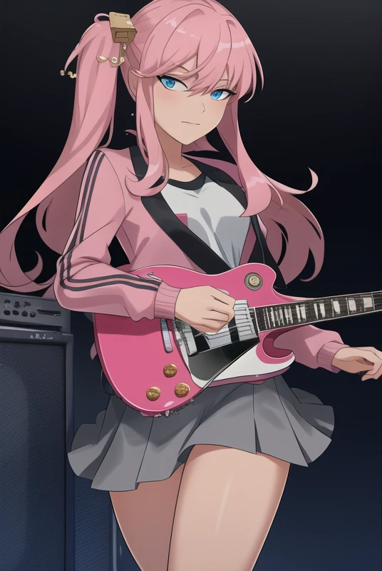 <lora:SomethingUnlimitedV2.1:0.8>,  SomethingUnlimited, masterpiece, best quality, 1girl, pink jacket, electric guitar, jacket, guitar, instrument, pink hair, long hair, solo, holding instrument, gibson les paul, hair ornament, holding, skirt, cube hair ornament, track jacket, pleated skirt, blush, closed mouth, bangs, hair between eyes, long sleeves, blue eyes, sweat, grey skirt, black skirt, one side up, music, looking at viewer, plectrum, playing instrument