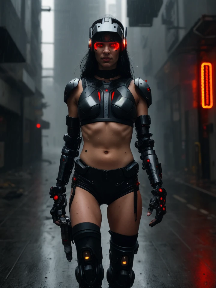 cybernetic warrior in the rain, cyberpunk city street, fire, techno visor