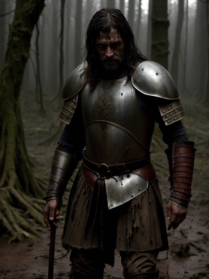 medieval warrior, dirty, gritty, muddy forest, dark, high definition