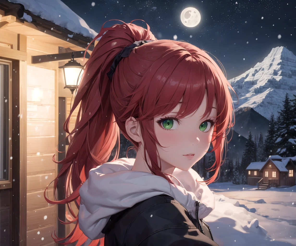 masterpiece, best quality, 1girl, red hair, ponytail, green eyes, looking at viewer, snowing, night, cold, night sky, moon, mountain, house, upper body,