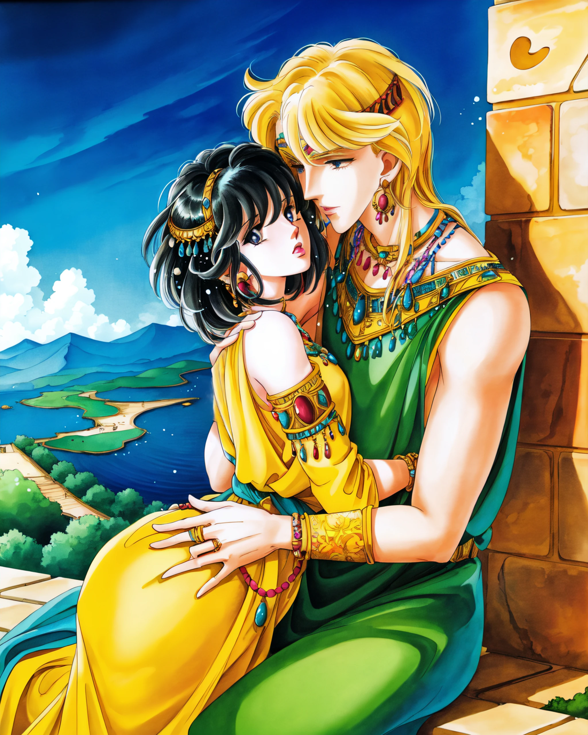 (Masterpiece, Best Quality:1.3), highres, (8k resolution wallpaper), dynamic angle,<lora:REDRIVER-13:0.8>, (ultra-detailed), (Traditional media), manga, retro artstyle, 1980s \(style\),,redriver, couple, hetero, 1girl, (full body, hug), lips, black hair, short hair, (detailed eyes), perfect face, arabian clothes, jewelry, earrings, (Details:1.2), 1boy, blonde hair, depth of field, scenery, extremely detailed background, particles, (fantasy)