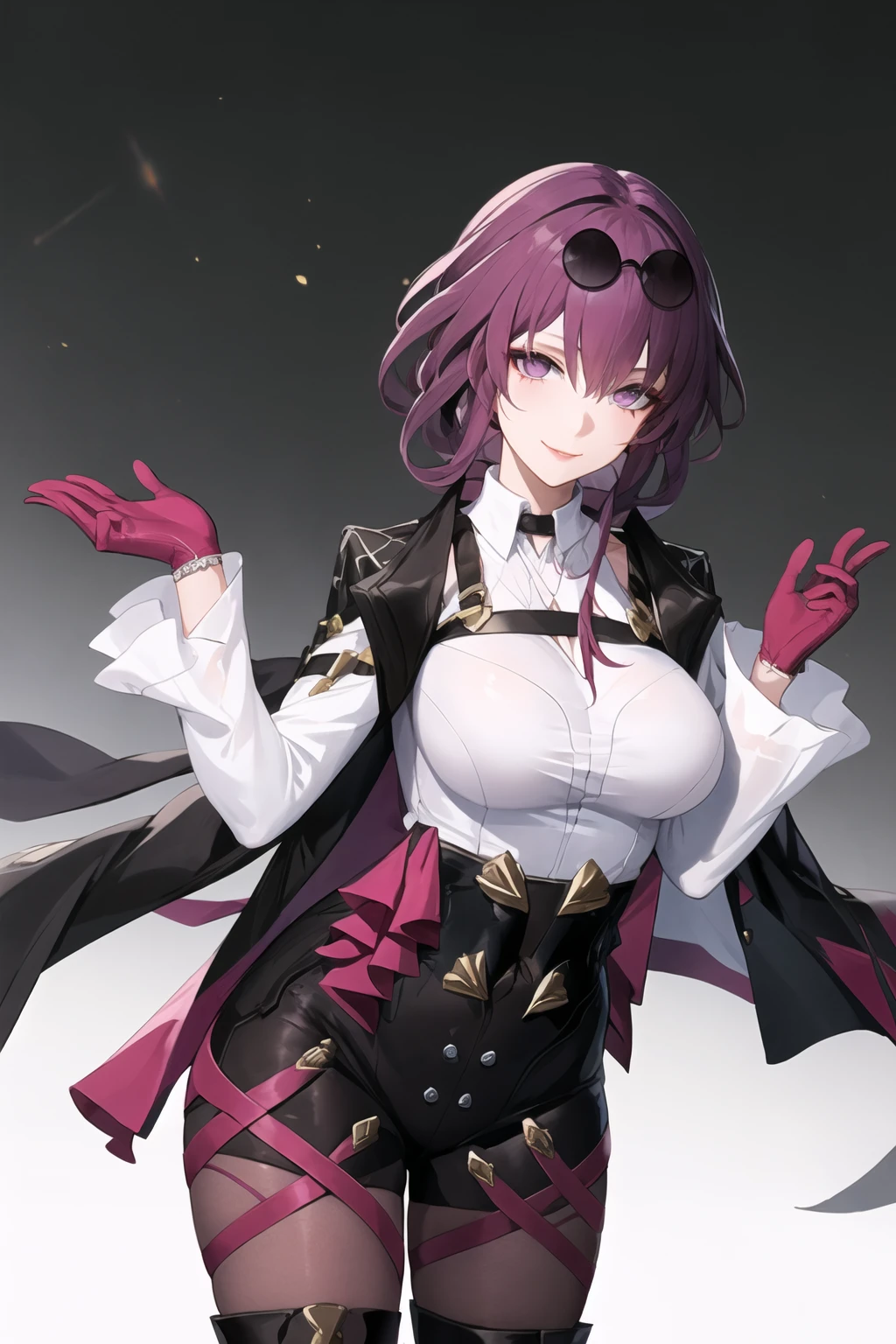masterpiece, best quality, 1girl, KafkaV4, shirt, white shirt, jacket, purple hair, long sleeves, eyewear on head, sunglasses, boots, gloves, pantyhose, cowboy shot, standing, gradient background, spaceship, closed mouth, smile, looking at viewer, <lora:KafkaV4-06:1>