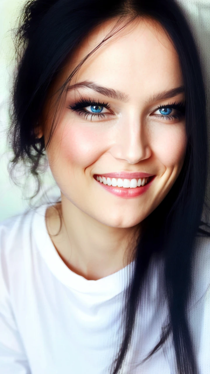 1girl, solo, (quiron_TarjaTurunen_v2:1), blue eyes, black hair, smile, sharp focus, vibrant, <lora:quiron_TarjaTurunen_v2:1>