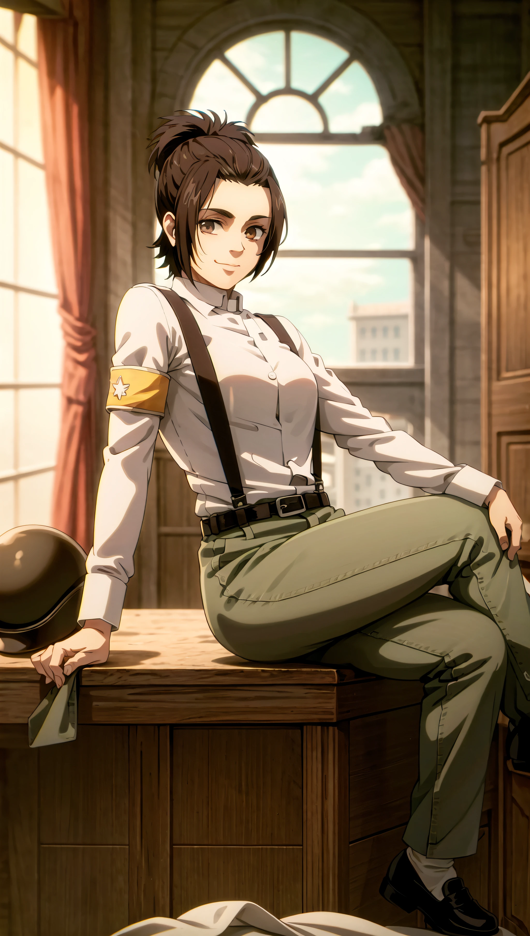 (cowboy shot), sfw, (masterpiece), (best quality:1.0), (ultra highres:1.0), detailed eyes
BREAK
<lora:GabiAOT:0.8> GabiAOT, looking at viewer, 1girl, smiling
military uniform, suspenders, pants, armband, helmet
BREAK
(city, window, indoors, gorgeous view)