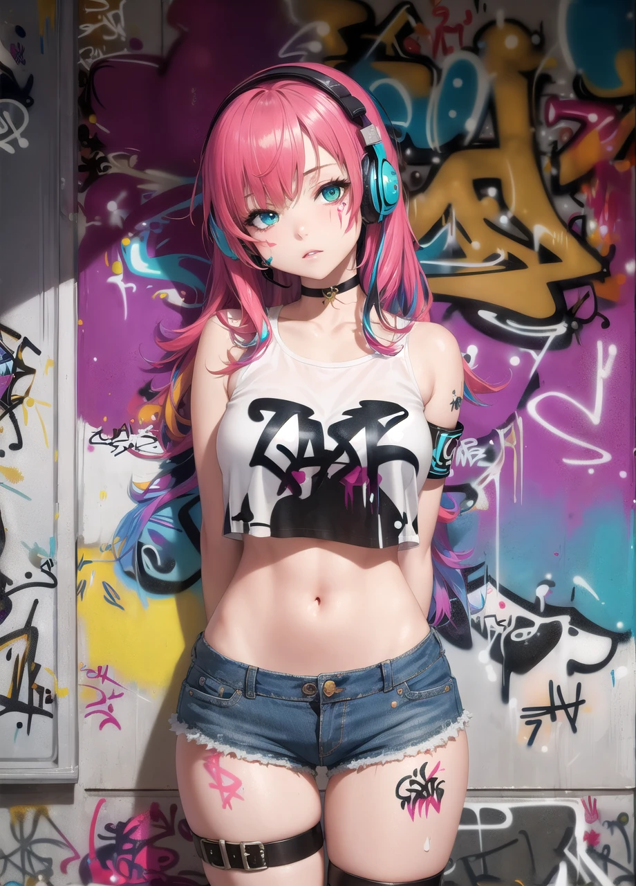 masterpiece, best quality, 1girl, solo, crop top, denim shorts, choker, (graffiti:1.5), paint splatter, arms behind back, against wall, looking at viewer, armband, thigh strap, paint on body, head tilt, bored, multicolored hair, aqua eyes, headset,