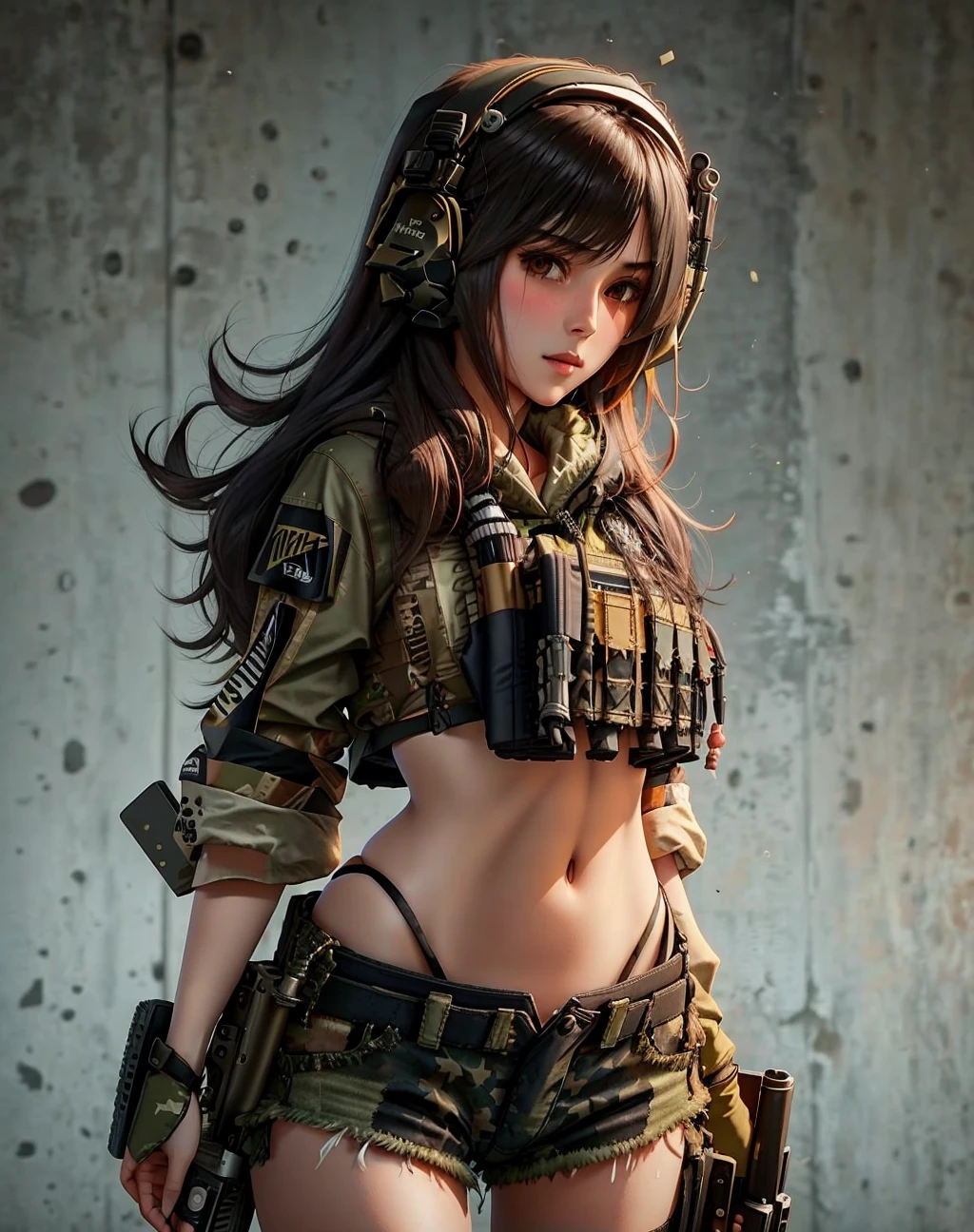 1girl, solo, long hair, brown hair, black hair, navel, holding, weapon, shorts, midriff, holding weapon, gun, military, headphones, holding gun, rifle, handgun, headset, realistic, assault rifle, camouflage, m4 carbine, load bearing vest,wearing epTactical<lora:epTactical1:1>