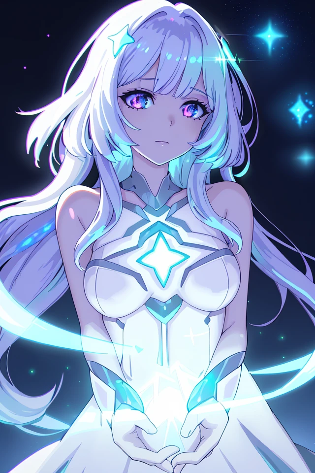 woman,long hair ,sunlight ,medium breasts, iridescent dress, glowing stars, A digital illustration, glowing stars, defraction spikes, chromatic aberration,bloom AND (glowing, holofoil:0.6),
