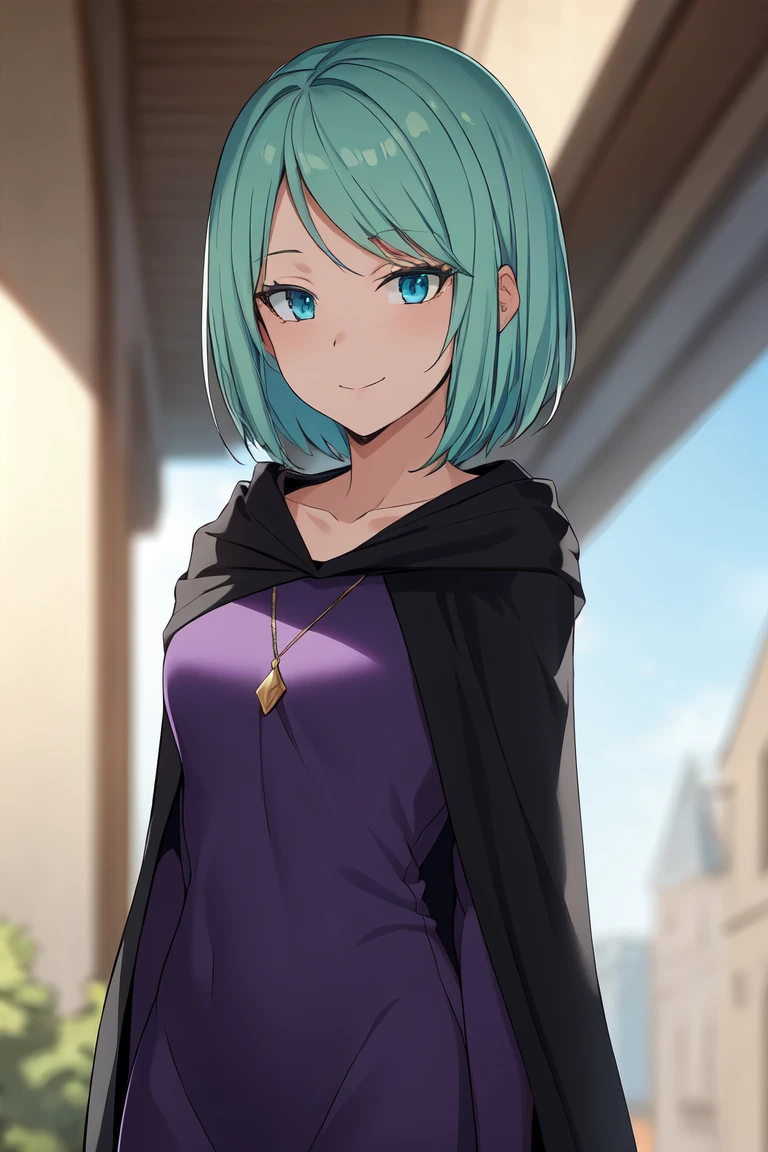 ((best quality)), ((masterpiece)), (detailed), purple dress, black cape, cloak, robe,
1girl,
<lora:MjurranV2223:0.7>
1girl, aqua_hair, bangs, blue_eyes, closed_mouth, collarbone, green_hair, looking_at_viewer, short_hair, smile, solo,
(interview:1.3), (background, fantasy:1.3)