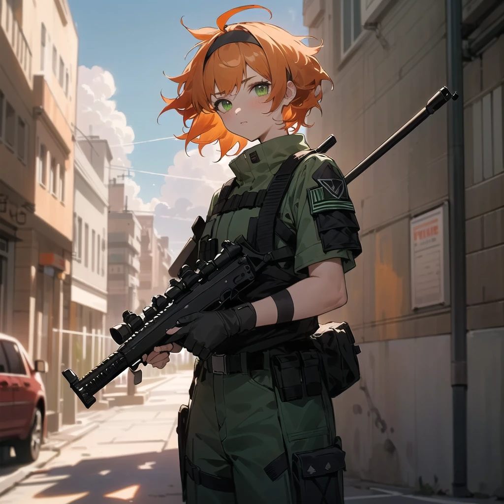 (masterpiece, best quality), (1girl, solo), ((wearing epTactical, short hair, orange hair, green eyes, messy hair, black hairband)), rifle, city, street, sky, clouds, standing, looking at viewers, natural volumetric lighting and best shadows, <lora:epTactical1:1>