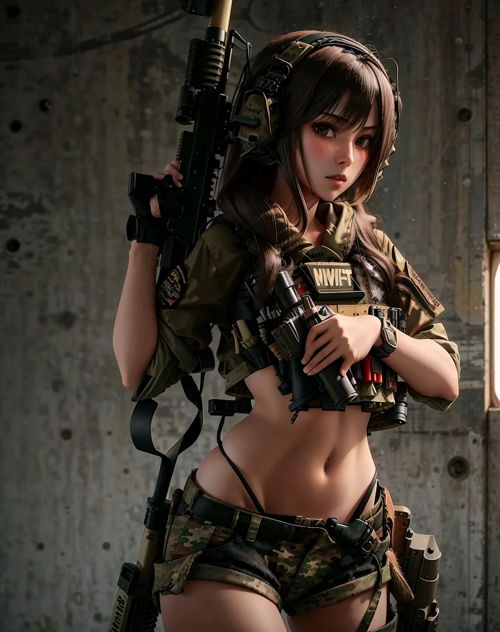 1girl, solo, long hair, brown hair, black hair, navel, holding, weapon, shorts, midriff, holding weapon, gun, military, headphones, holding gun, rifle, handgun, headset, realistic, assault rifle, camouflage, m4 carbine, load bearing vest,wearing epTactical<lora:epTactical1:1>