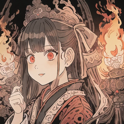 masterpiece, best quality, 1girl,robe\(hanfu\), red eyes, black hair, ribbon, solo , skulls on the ground, beautiful face,<lora:xuanxue_v2.0:0.6> , fire, <lora:diyu:0.6:1,0.1,1,1,0,0,0,0,0,0,0,0.8,1,1,1,1,1>