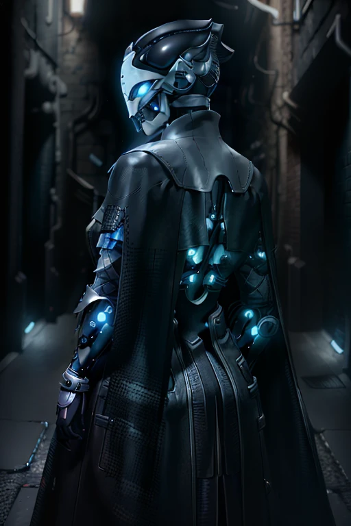 <lora:Ada-1:0.8>, female, dark alley, face visible, back turned, cape, looking at viewer, looking behind, looking over shoulder, bald, blue glowing eyes, defined eyes, hyper-realistic, perfect face, detailed face, full body, masterpiece:1.4, detailed, refined details, sharp definition, clean edges