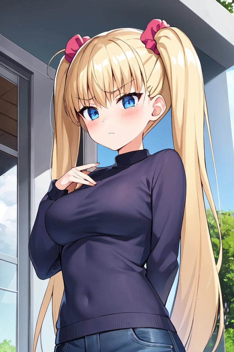 1girl, blonde_hair, blue_eyes, blue_sky, blush, breasts, bush, cloud, cloudy_sky, day, frown, hair_ornament, hair_scrunchie, long_hair, long_sleeves, looking_at_viewer, medium_breasts, outdoors, scrunchie, shirt, sky, solo, tree, twintails, upper_body, window
anime, hdr, soft light, ((best quality)), ((masterpiece)), (detailed),
<lora:AiriAkizukiV1:0.7>