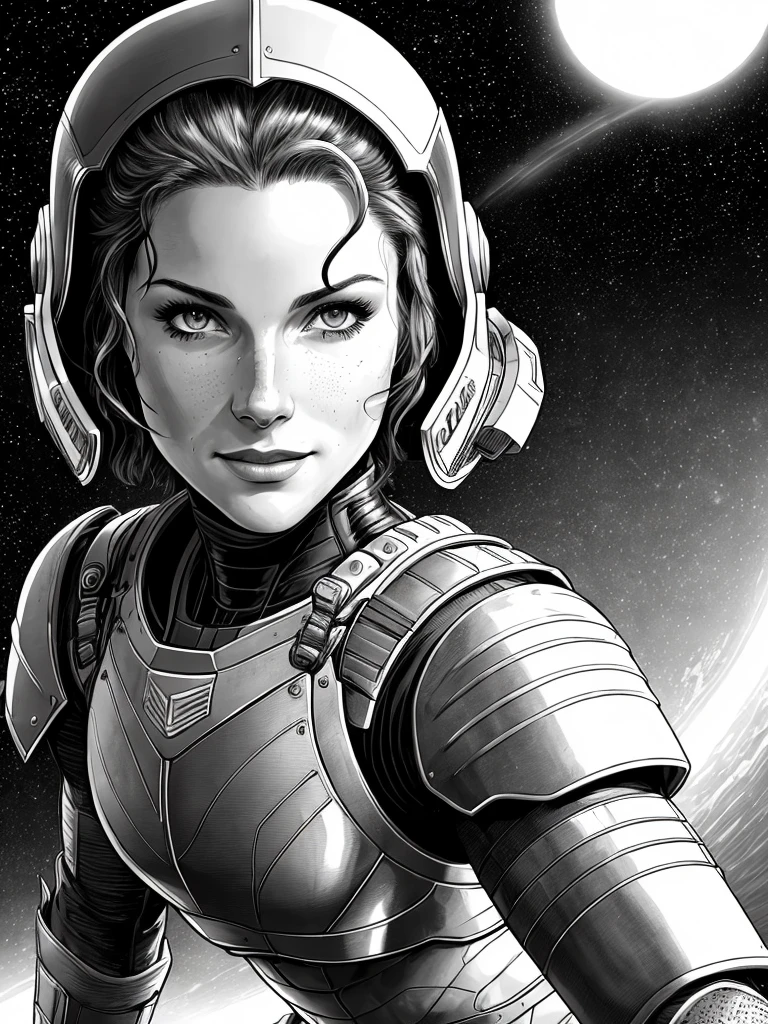 comic book panel, lineart illustration , sharp eyes focus , redhead, athletic body, alone, ((woman in plate armor )), (((ultra realistic detailed eyes))), intricate eye details, cute smile, sweaty , model shoot pose, ultra skin texture, ((ultra skin details)), skin imperfections, intricate details, ( in dark sci-fi space ship ), short messy hair,