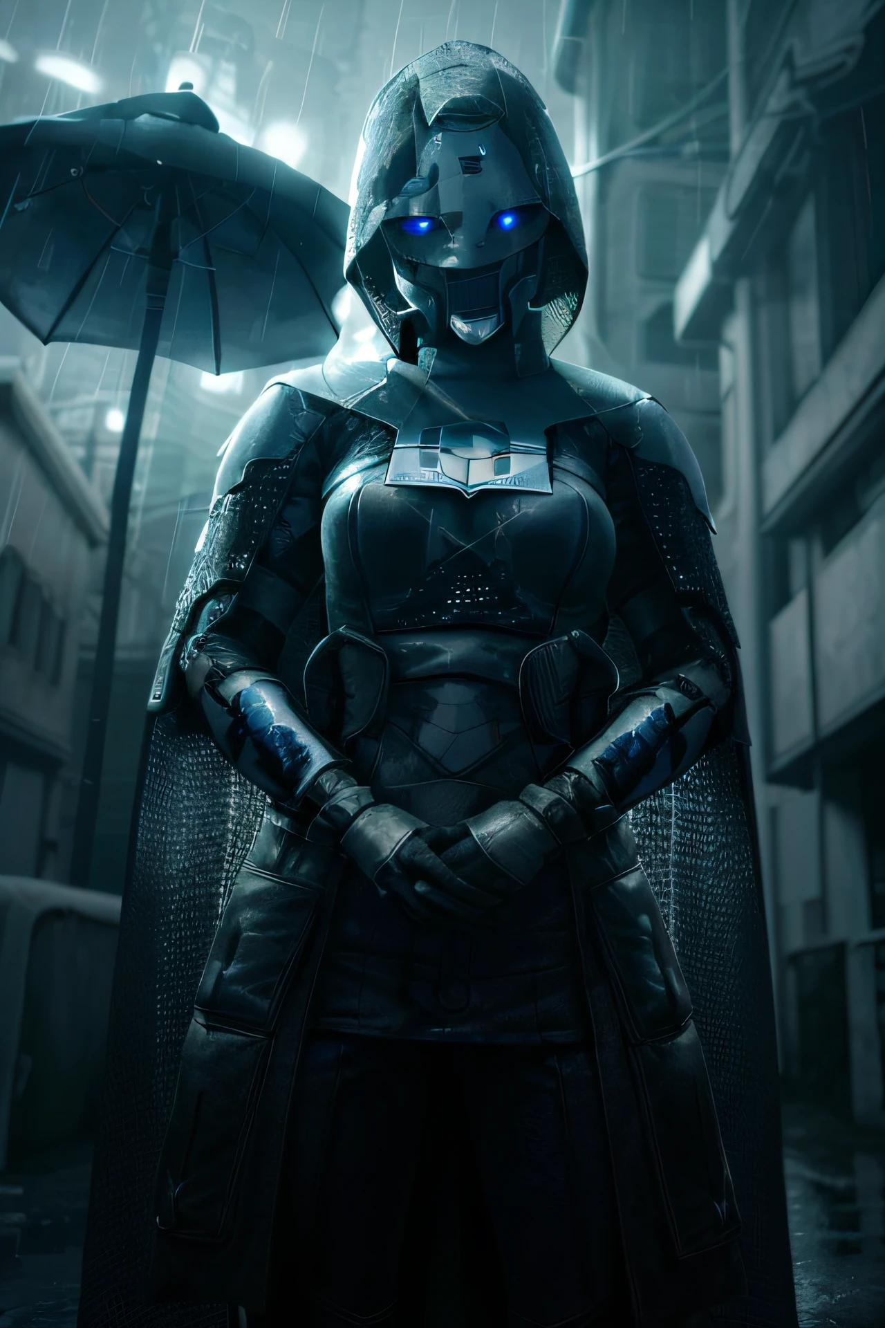 <lora:Ada-1 v2:0.7>, female, Ada-1, standing, ruined city, rain, overcast, volumetric lighting, outdoors, looking at viewer, clothes, cape, detailed face, detailed hands, blue eyes, detailed, hyper-realistic, masterpiece