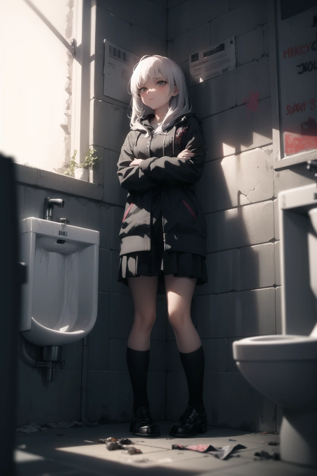 <lora:restroom_v0.2a:1>
1girl, standing, restroom, urinal, dark, trash, graffiti, dirty, cracked wall, cracked floor, cowboy shot, miniskirt,, masterpiece, best quality, highly detailed