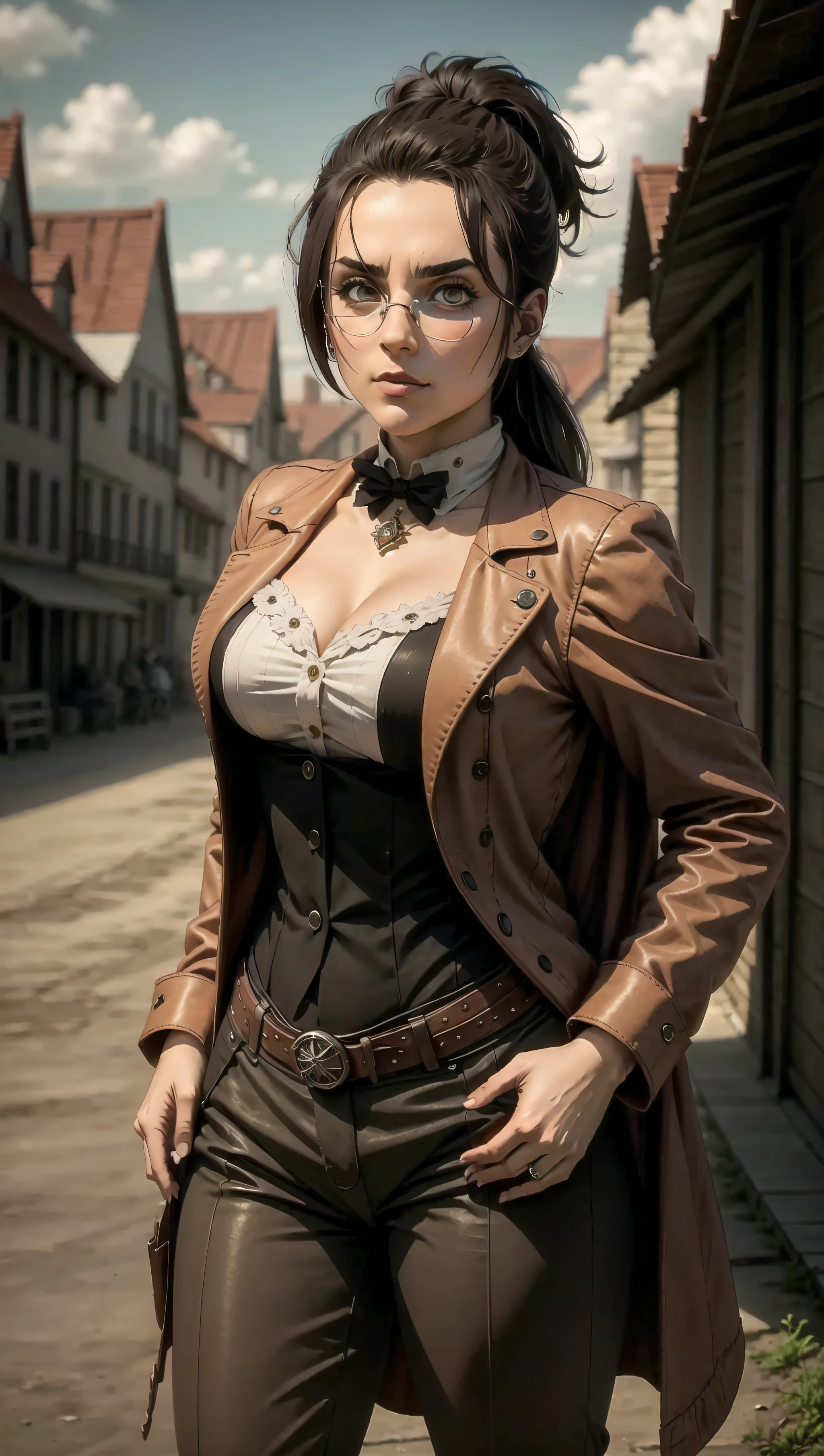 (cowboy shot), sfw, (masterpiece), (best quality:1.0), (ultra highres:1.0), detailed eyes
BREAK
<lora:GabiAOT:0.6> GabiAOT, dynamic pose, looking at viewer, 1girl, low ponytail
<lora:steampunk_costume:0.4> steampunk_costume, monocle, top hat, cape, pants
BREAK
(gears, city, outdoors, gorgeous view)