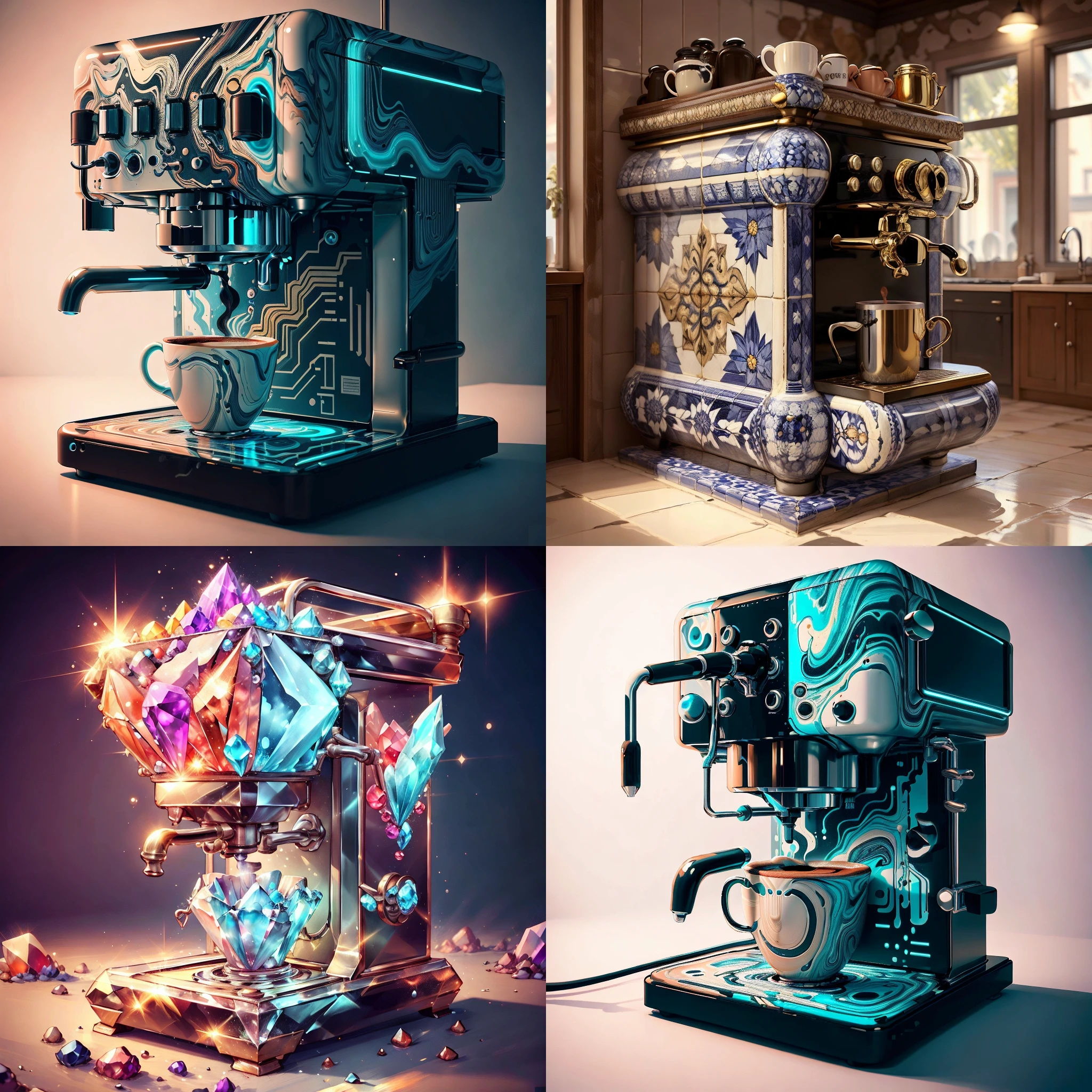 <lyco:FiveDecorsAIx3:0.8> circuitboardai ,marblingai coffee machine