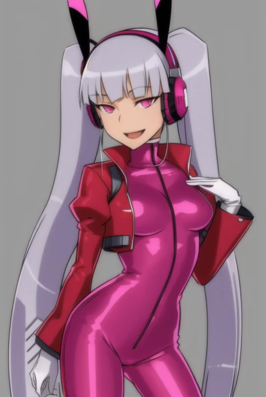 <lora:SomethingUnlimitedV2.1:0.8>, SomethingUnlimited, masterpiece, best quality, 1girl, pink bodysuit, solo, breasts, headphones, twintails, long hair, fake animal ears, medium breasts, animal ear headphones, bodysuit, animal ears, looking at viewer, open mouth, smile, pink eyes, headset, pink gloves, hand on hip, gloves, long sleeves, jacket, very long hair, red jacket, bangs, :d, skin tight, cropped jacket, white hair, impossible clothes, sleeves past wrists, sidelocks, grey hair, standing, blush, impossible bodysuit, shrug \(clothing\), puffy sleeves, covered navel, clothes writing