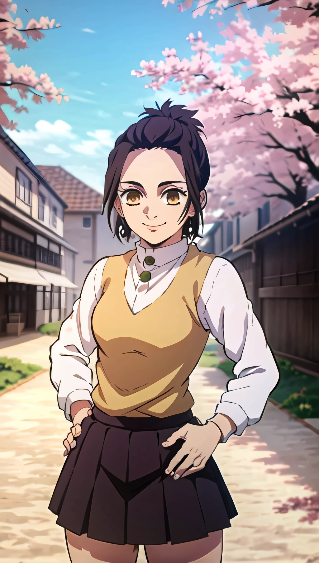 (cowboy shot), sfw, (masterpiece), (best quality:1.0), (ultra highres:1.0), detailed eyes
BREAK
<lora:GabiAOT-000008:0.6> GabiAOT, looking at viewer, 1girl, hands on hips, smiling
\(yellow\) sweater vest, white shirt, long sleeves, deep-v, black skirt, fingerless gloves, black fingerless gloves, jewel necklace, hoop earrings
<lora:kimetsu_no_yaiba_style_offset:1> kimetsu_no_yaiba_style
BREAK
(school, city, sakura tree, outdoors, gorgeous view)