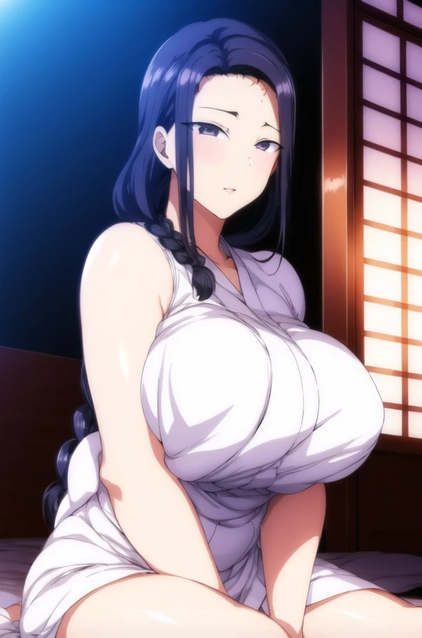 (Night:1.7), east asian architecture,
sitting at attention,sitting on Tatami,
White_kimono,
<lora:TsubakiMiyajimaV1:0.85>,<lora:aiueOkaStyle_v10:0.1>, <lora:saiminSeishidou:0.1>,
black_hair, long_hair, hair_pulled_back,parted_lips,purple_eyes, braid,
1 girl, Manga,20yo,mature female,Beautiful Finger,Beautiful long legs,Beautiful body,Beautiful Nose,Beautiful character design, perfect eyes, perfect face,
looking at viewer,(innocent_big_eyes:1.0),(Light_smile:0.7),
official art,extremely detailed CG unity 8k wallpaper, perfect lighting,Colorful, Bright_Front_face_Lighting,
(masterpiece:1.0),(best_quality:1.0), ultra high res,4K,ultra-detailed,
photography, 8K, HDR, highres, absurdres:1.2, Kodak portra 400, film grain, blurry background, bokeh:1.2, lens flare, (vibrant_color:1.2)
(Beautiful,large_Breasts:1.4), (beautiful_face:1.5),(narrow_waist),