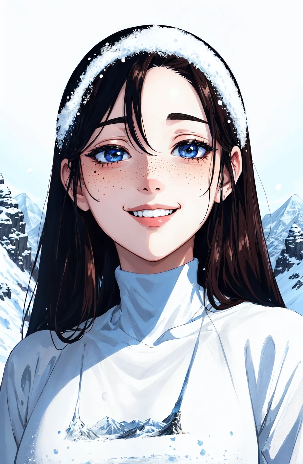anime absurdres illustration, drawing, (lineart:0.6), dark, rim lighting, two tone lighting, dimly lit, low key, ,<lora:epi_noiseoffset2:1>, close-up portrait of beautiful smiling woman with freckles, snow-covered mountain, full body, 16mm, 35mm, vivid colors, high quality, white balance, kodak film, high detail