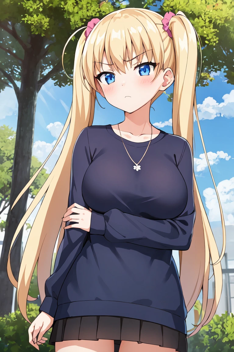 1girl, blonde_hair, blue_eyes, blue_sky, blush, breasts, bush, cloud, cloudy_sky, day, frown, hair_ornament, hair_scrunchie, long_hair, long_sleeves, looking_at_viewer, medium_breasts, outdoors, scrunchie, shirt, sky, solo, tree, twintails, upper_body, window
anime, hdr, soft light, ((best quality)), ((masterpiece)), (detailed),
<lora:AiriAkizukiV1:0.7>