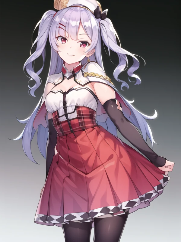 (hyper extreme detailed),(masterpeace),(hyper extreme),(photorealistic),CG,(colour:1.2), beautiful lighting,light from the front, solo, smile,  <lora:ajax:1>,ajax, Light purple hair,red eyes,two_side_up,long hair,hairclip,white beret,sleeveless blouse,red skirt,black armcover,black pantyhose,white capelet,loafers,