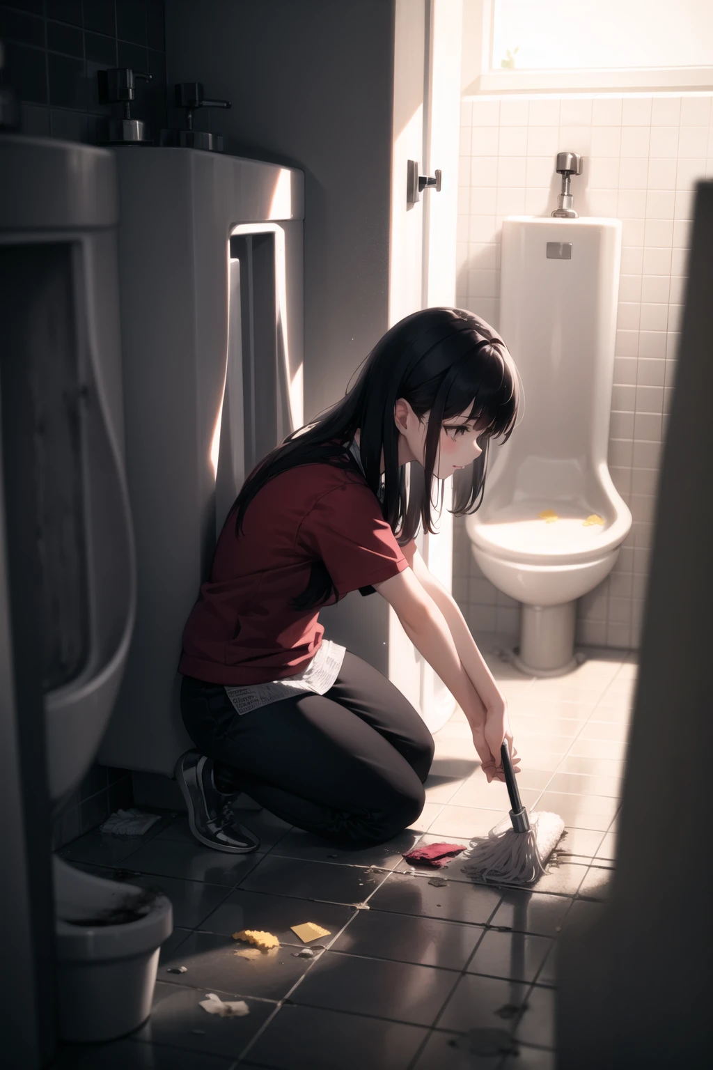 <lora:restroom_v0.2a:1>
1girl, restroom, cleaning urinal, kneeling, sponge, dirty, pee, trash,, masterpiece, best quality, highly detailed