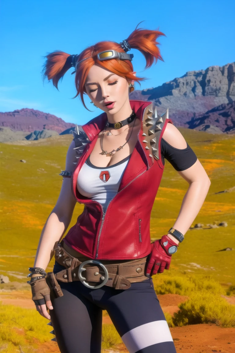 <lora:gaige:0.8>, gaige, masterpiece, best quality, 1girl, solo, gloves, twintails, one eye closed, striped, fingerless gloves, jewelry, goggles, spikes, breasts, short twintails, red hair, pantyhose, green eyes, necklace, goggles on head, hand on hip, orange hair, cleavage, belt, boots, bracelet, earrings, medium breasts, tongue out, vest, tongue, hair ornament, cowboy shot, studded belt, outdoors,