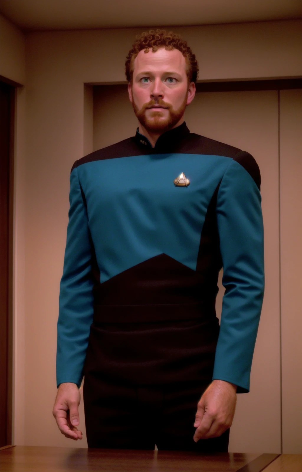 a ginger man with curly hair and beard in a blue and black s3sttngsuit  uniform (with hands up:1.3), 8k uhd, dslr, soft lighting, high quality, film grain, higly detailed face,masterpiece quality,Fujifilm XT3 <lora:STTNGV018:0.8>