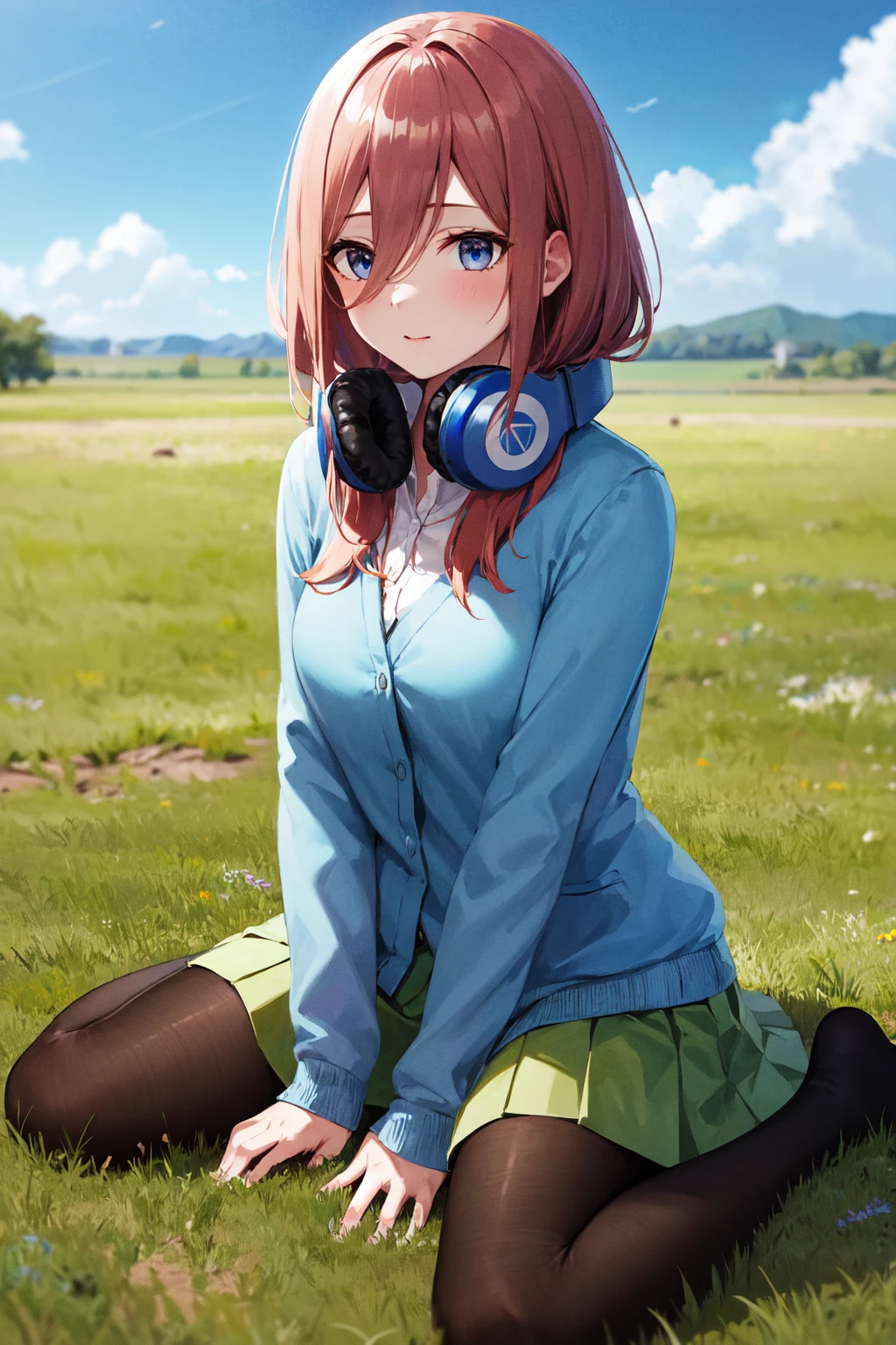 masterpiece, best quality, highres, nm1, headphones around neck, school uniform, long sleeves, blue cardigan, green skirt, pantyhose, <lora:nakano_miku_v10:0.7>, cowboy shot, field, wariza