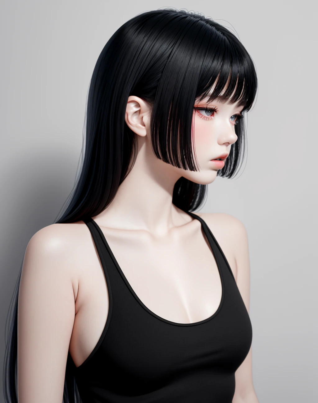4K, Masterpiece, highres, absurdres,with a edgHimeCut hairstyle, 1girl, solo, long hair, bangs, black hair, bare shoulders, closed mouth, upper body, grey background, lips, looking to the side, looking away, tank top, realistic, <lora:edgHimeCut:1>