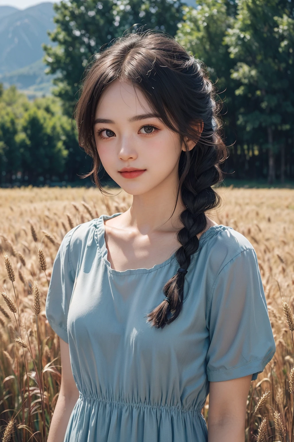 1girl dressed in a cute, country-style dress with braided hair, standing in a rustic farm setting. She has a soft, gentle smile and expressive eyes. The background features a charming barn, fields of golden wheat, and a clear blue sky. The composition should be bathed in the warm, golden hour light, with a gentle depth of field and soft bokeh to accentuate the pastoral serenity. Capture the image as if it were taken on an old-school 35mm film for added charm,
filmg, <lora:FilmG4:0.7>