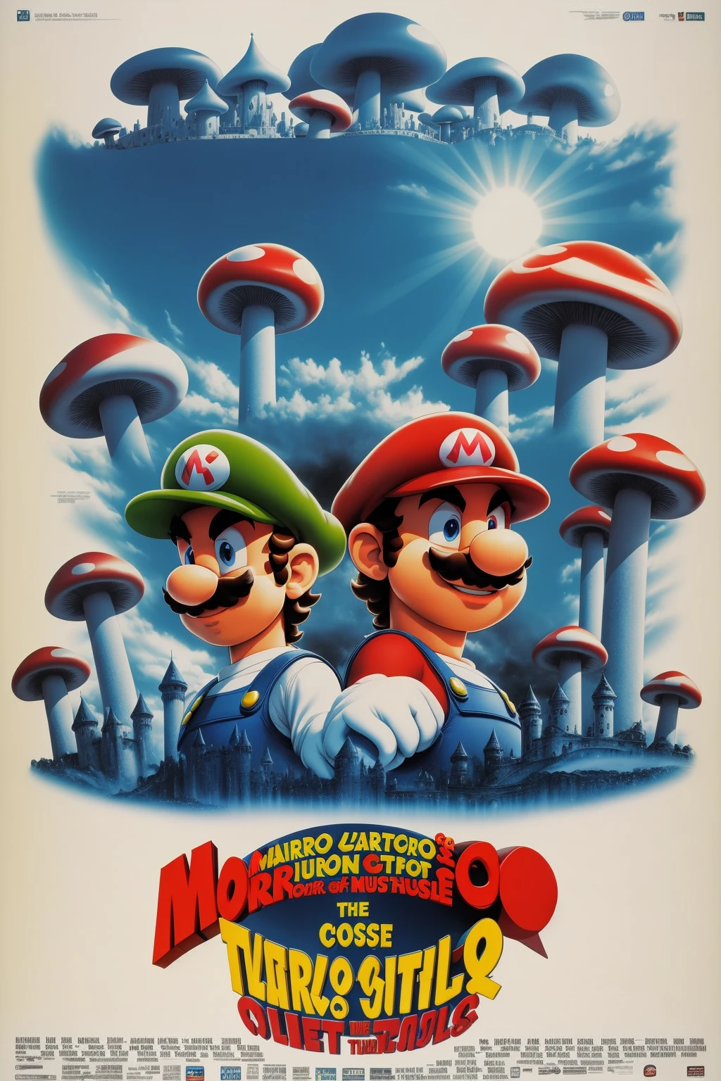 80s poster, Mario and Luigi, Mushroom castle background<lora:80s Movieer Style:1>