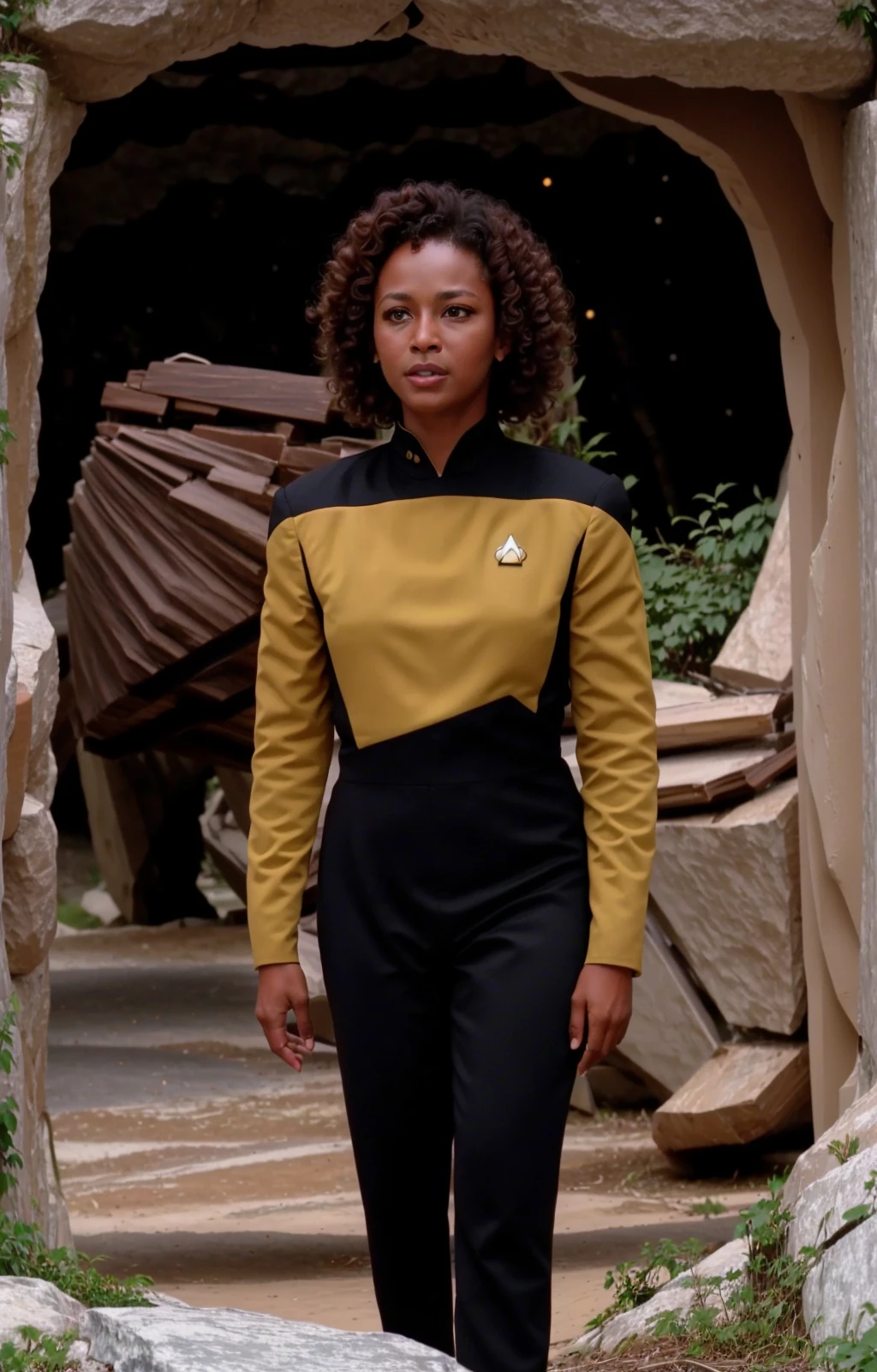 older woman with curly hair in a yellow and black s3sttngsuit uniform, in a cave, 8k uhd, dslr, soft lighting, high quality, film grain, higly detailed face,ultra detailed,masterpiece quality,Fujifilm XT3 <lora:STTNGV018:0.8>