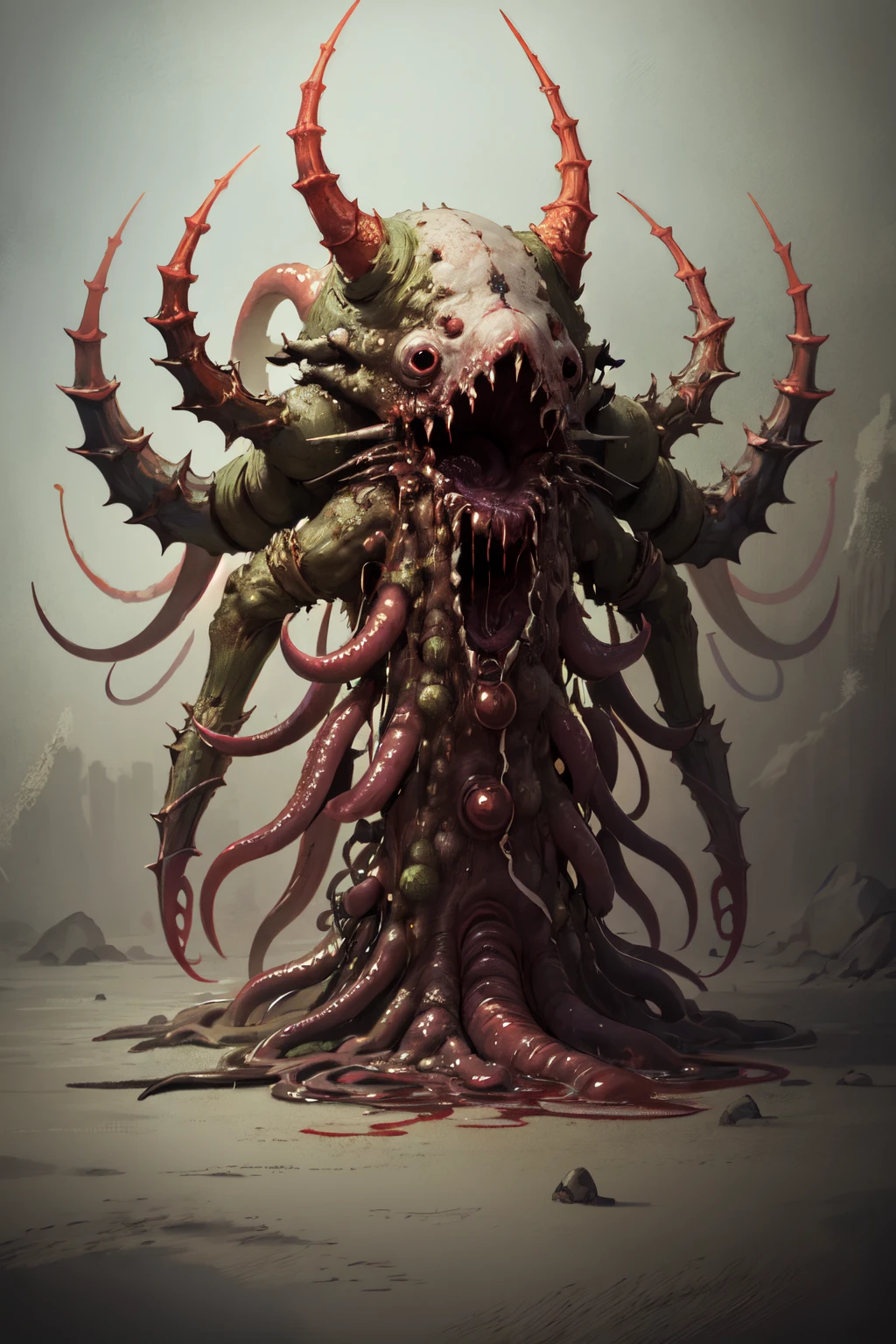 reelhorror,<lora:reelhorror2:1.1> creature, humanoid, multiple arms, drooling, looking at viewer, blood, tentacles