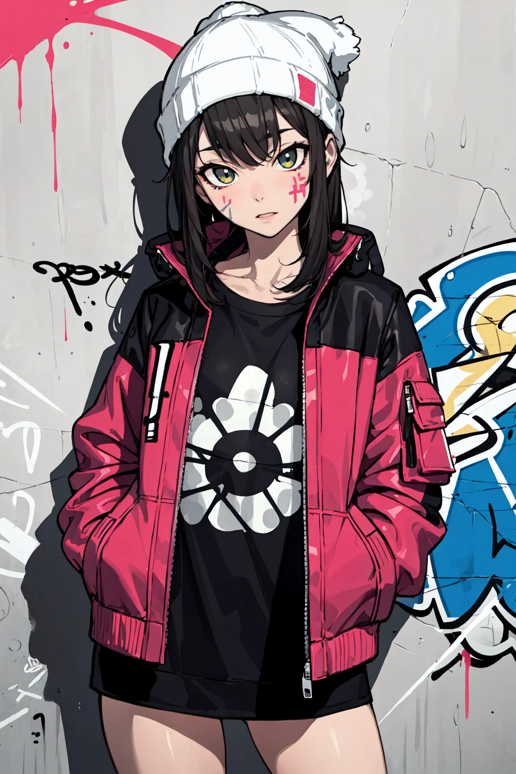 (masterpiece:1.2, best quality), ultra detailed, Ultra-precise depiction, Ultra-detailed depiction, (Art Decom background:1.3), 1lady, beanie, jacket, jaens, (graffiti spray:1.3)