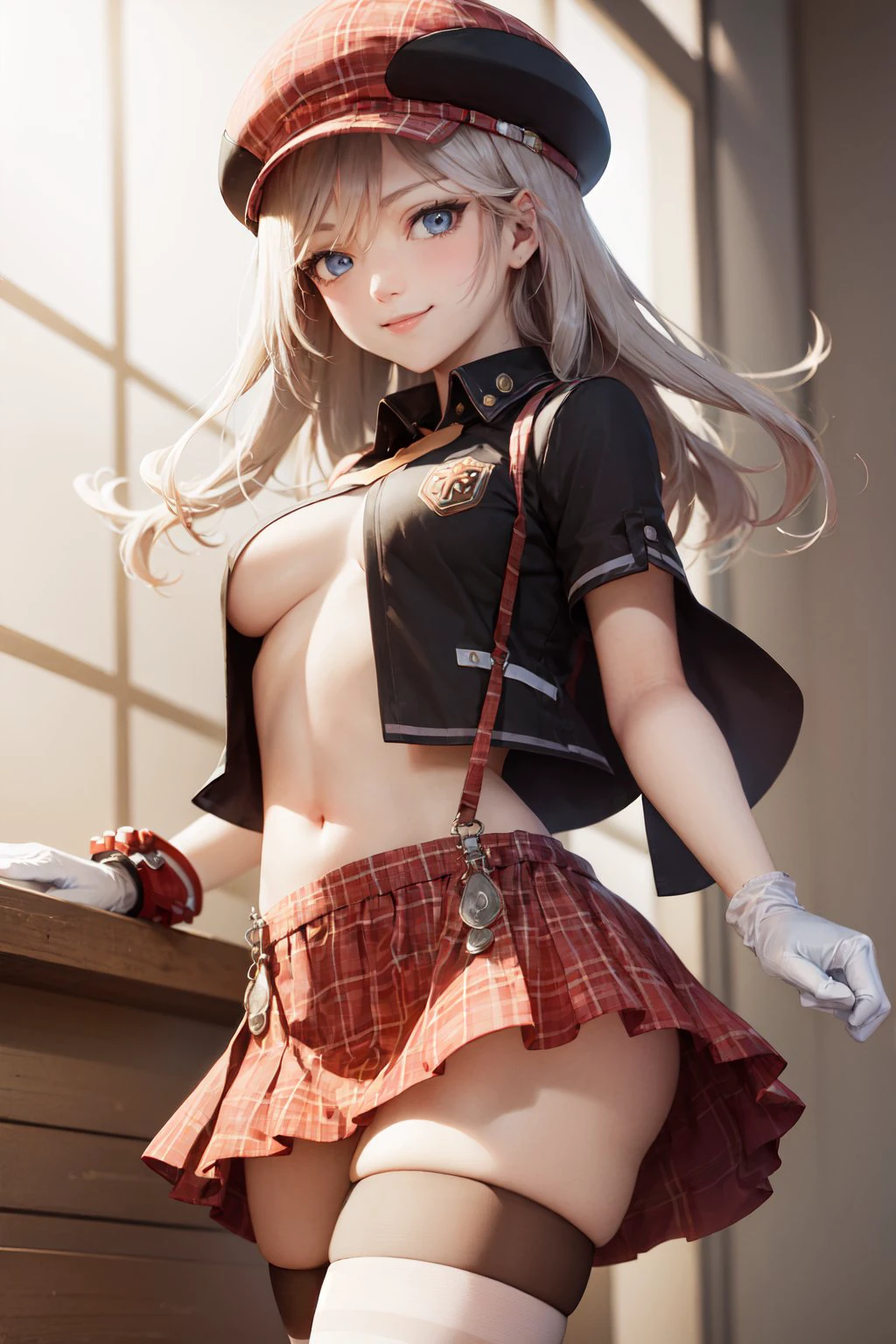 (masterpiece, best quality:1.2), <lora:godeater_amiella-10:1>, cowboy shot, solo, 1girl, amiella, smile, closed mouth, looking at viewer, cabbie hat, open clothes, underboob, suspenders, plaid skirt, thighhighs, white gloves