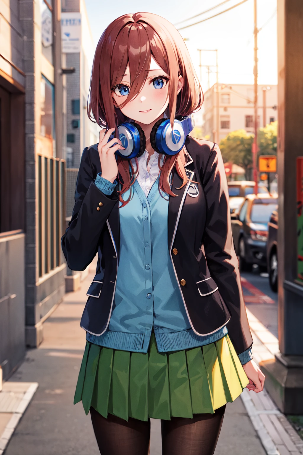 masterpiece, best quality, highres, nm1, headphones around neck, school uniform, long sleeves, blue cardigan, green skirt, pantyhose, black jacket, open jacket, <lora:nakano_miku_v10:0.7>, cowboy shot, standing,