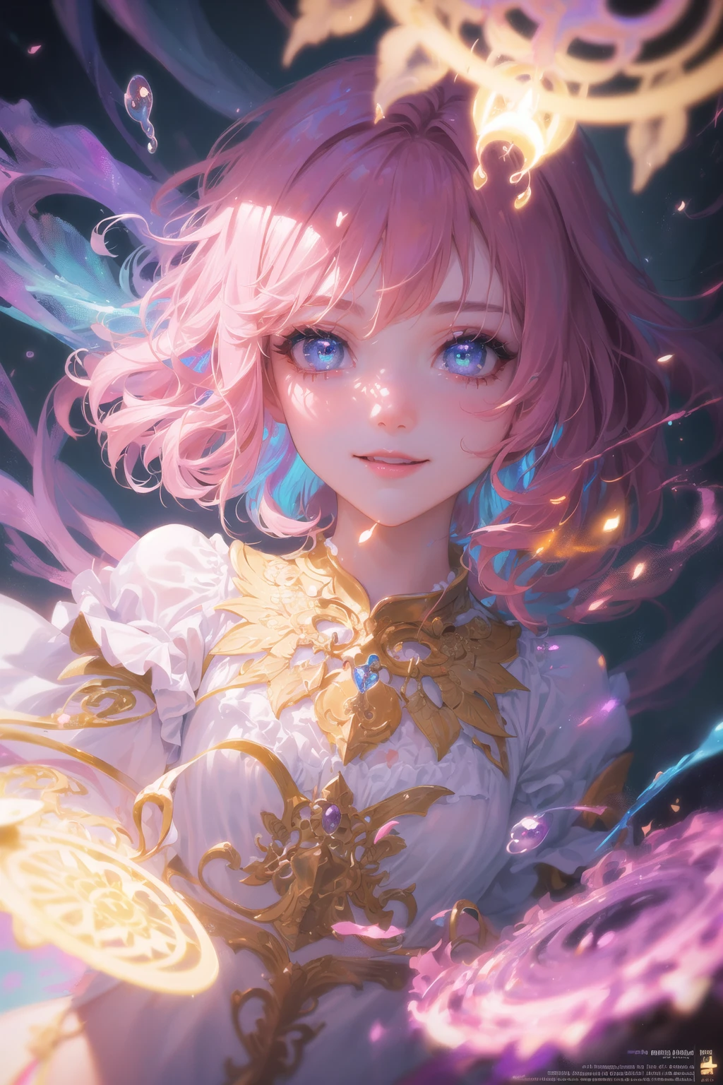(Masterpiece:1.2), best quality, (illustration:1.2), (ultra-detailed),Eye focus,(Masterfully crafted Glow, pink lens flare), (Cinematic background), hyper details, (delicate detailed), (intricate details), octane render, hdr, (hyperdetailed:1.15), (((colourful))),(soft light:1.2), 1girl, beautiful girl, ultra detailed eyes, mature, plump, thick, rainbow painting drops, paint teardrops, woman made up from paint, entirely paint, splat, splash, outdoors, (bioluminescent hair:1.1),(glowing eyes), ((makeup)),(Cinematic masterpiece), fierce, powerful, splashes of colour absolutely eye-catching, (Cinematic headlight), ((caustic)), dynamic angle, beautiful detailed glow, ambient occlusion, ambient light, raytraced reflections,(best illumination, an extremely delicate and beautiful), ((cinematic light)), (soft:2),(Isekai event), portal into another world, chasing dreams, , (curious), (mysterious), (Exploring new world), (whimsical:2) , intricate background, vibrant, spirits, (bubbly smile),dreamscape, skyscraper, (tree of life), swirl, magic circle, 2 legs, 2 arms