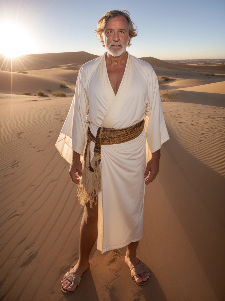 closeup portrait of a man in robes standing on a desert dune, lens flare, sandals, bandana