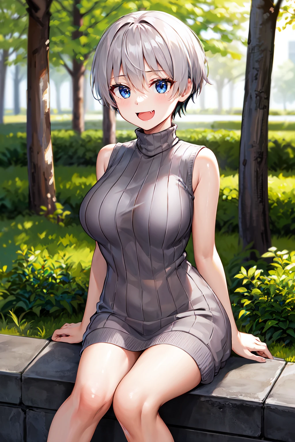 masterpiece, best quality, highres, uh1, fang, sweater dress, turtleneck, sleeveless, <lora:uzaki_hana:0.7>, outdoors, smile,