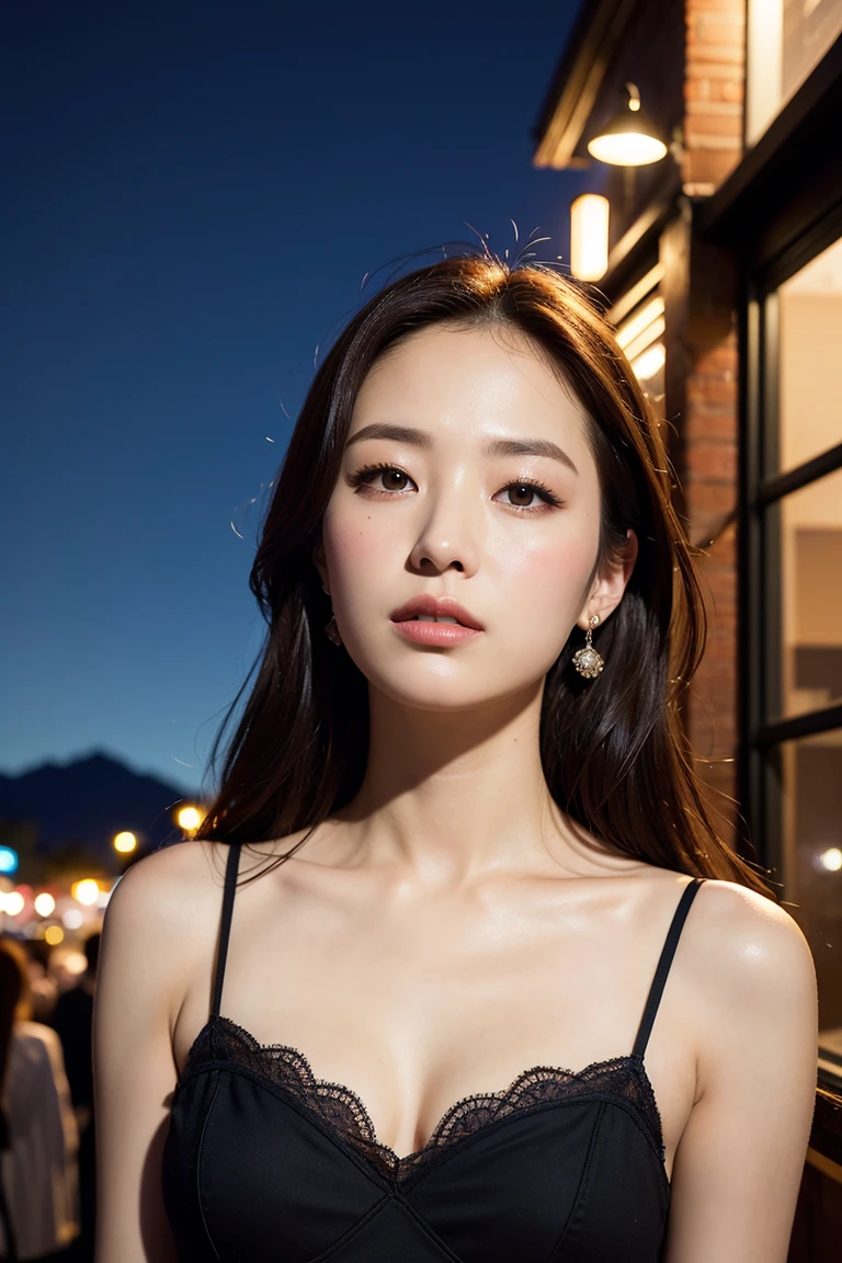 (best quality, masterpiece:1.2), Woman, Portrait, at night, dark cafe, detailed sky