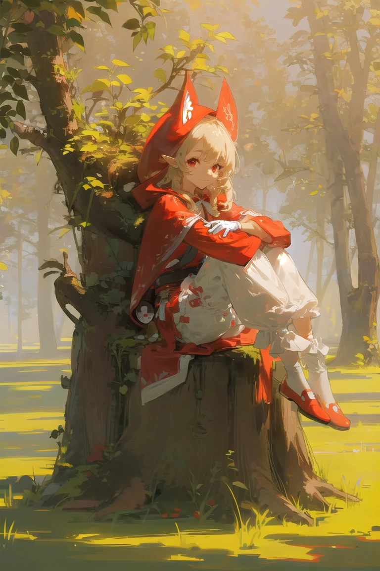 mushroom, sitting, tree, outdoors, grass, nature, 1girl, blonde hair, red footwear, forest, shoes, long sleeves, bangs, red headwear, hat, hood, red cape, gloves, medium hair, bloomers, dress, long hair, day, shirt, closed mouth, full body, cape, solo, hood up, looking at viewer, red hood, 1boy, tree stump, white bloomers, red dress, red cloak, plant, knees up, bow, sunlight, white shirt, bird, moss, red eyes, underwear, creature, braid, smile, on ground, pointy ears, red bow, animal, little red riding hood (grimm), red capelet, pants, link,
 <lora:loahrenrustyle_noise-000018:0.8>