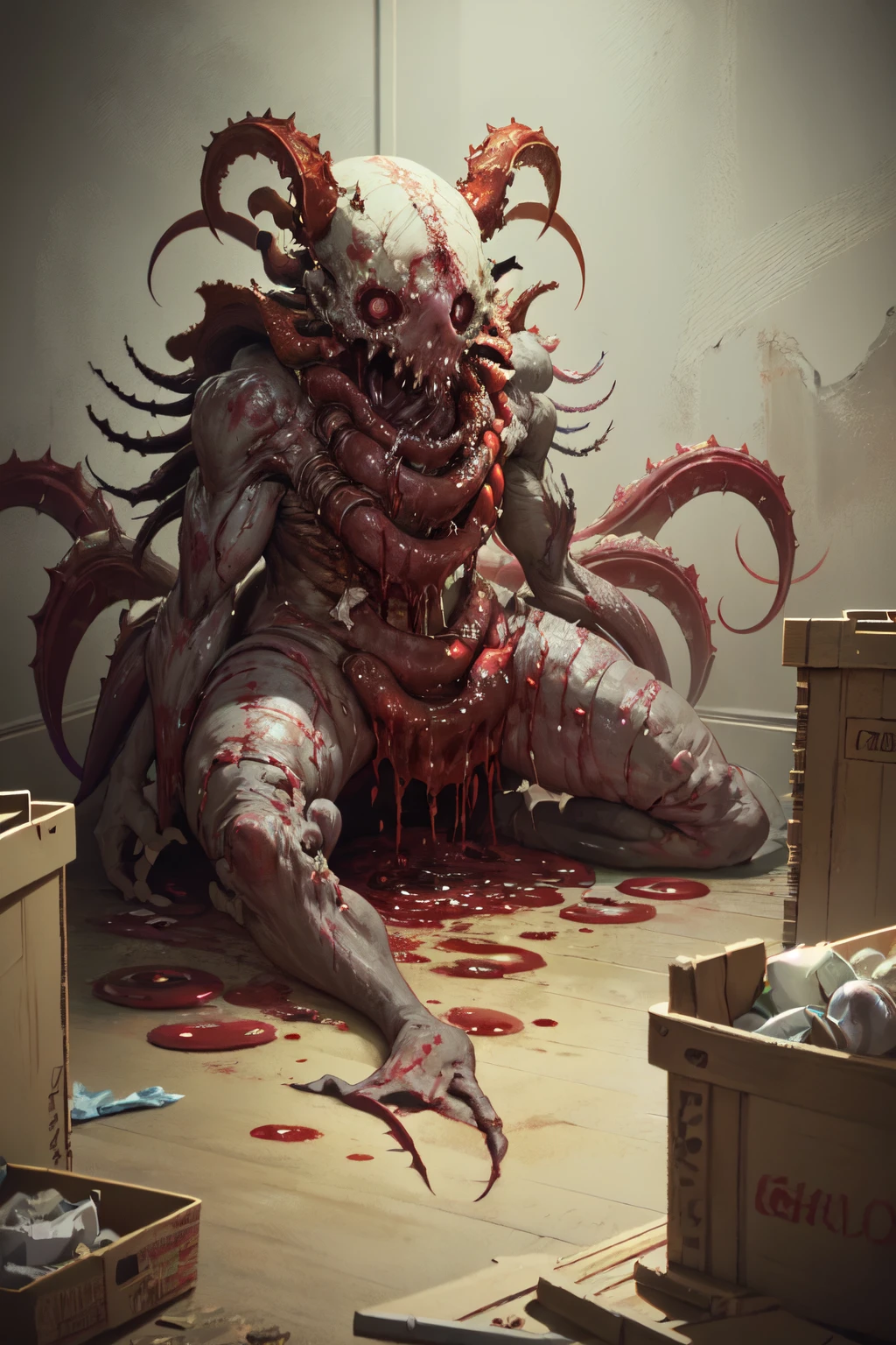 reelhorror,<lora:reelhorror2:1.1> creature, humanoid, dismembered, multiple arms, drooling, looking at viewer, blood, tentacles, monster, injury, blood, death, messy, indoor, pov scene, pov, horror