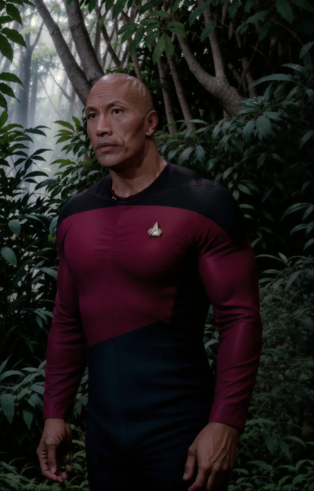 th3r0ck in a red and black trekngs1 uniform in a jungle, 8k uhd, dslr, soft lighting, high quality, film grain, higly detailed face,masterpiece quality,Fujifilm XT3 <lora:STTNGV018:0.8> <lora:TheRockV3:0.9>