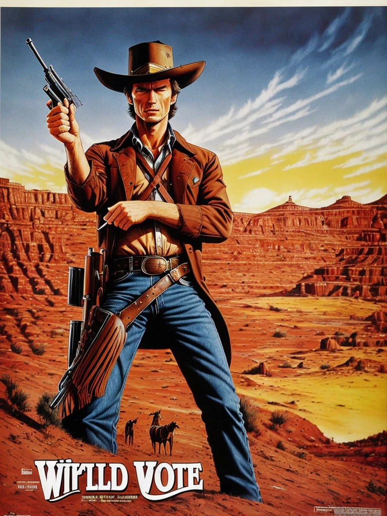 80s poster, Clint Eastwood as a cowboy, holding a pistol, Wild West background, highly detailed, masterpiece, <lora:80s Movieer Style:1>