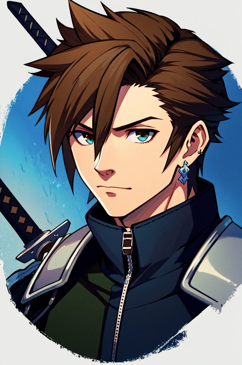 1boy, male focus, solo, brown hair, jewelry, earrings, sword, spiked hair, jacket, pants, portrait, armor, upper body, closed mouth, keyblade, weapon, Sora, kingdom hearts, final fantasy 7, ((masterpiece))